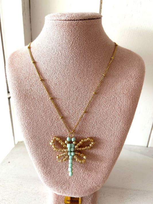 Ketting met grote mint/gouden libelle - goud