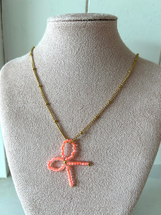 Ketting met neon oranje strikje - goud