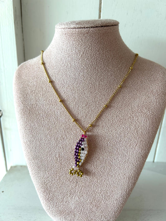 Ketting met visje paars/wit - goud