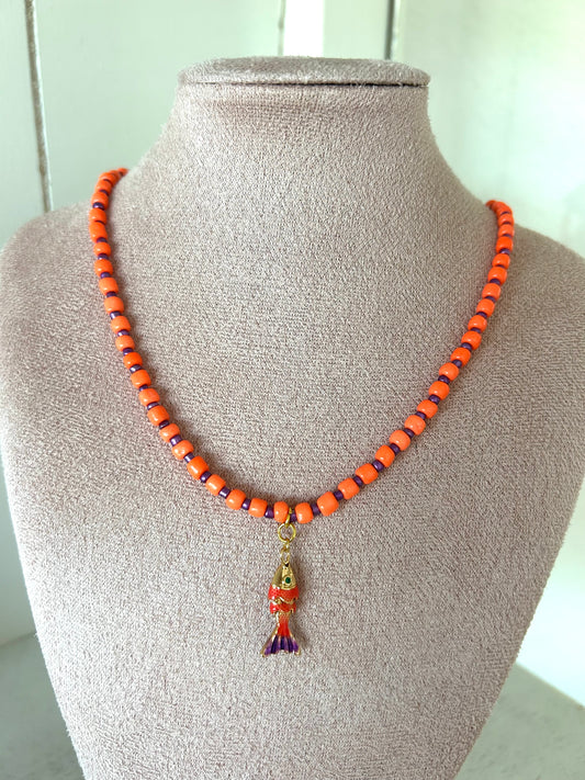 Kralenketting little fish oranje/paars - goud
